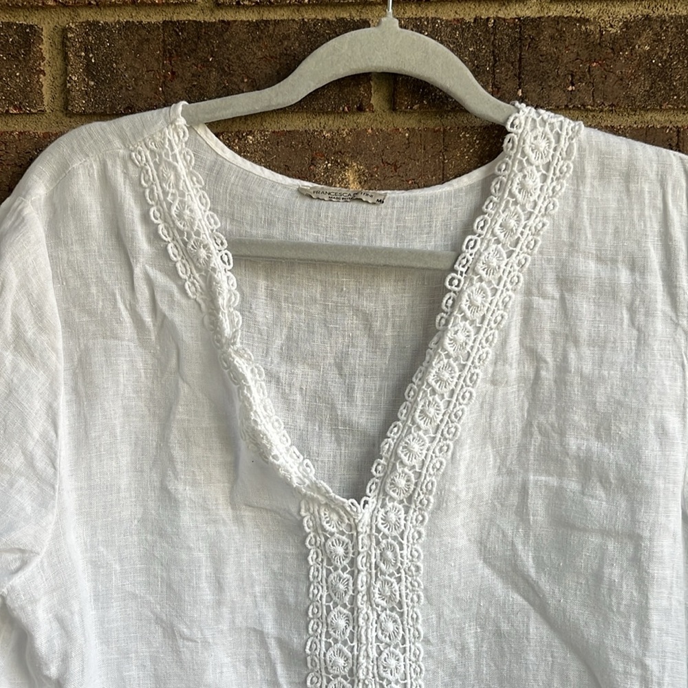 Women's White Linen V-Neck Tunic with Crochet Trim - Picture 3 of 8